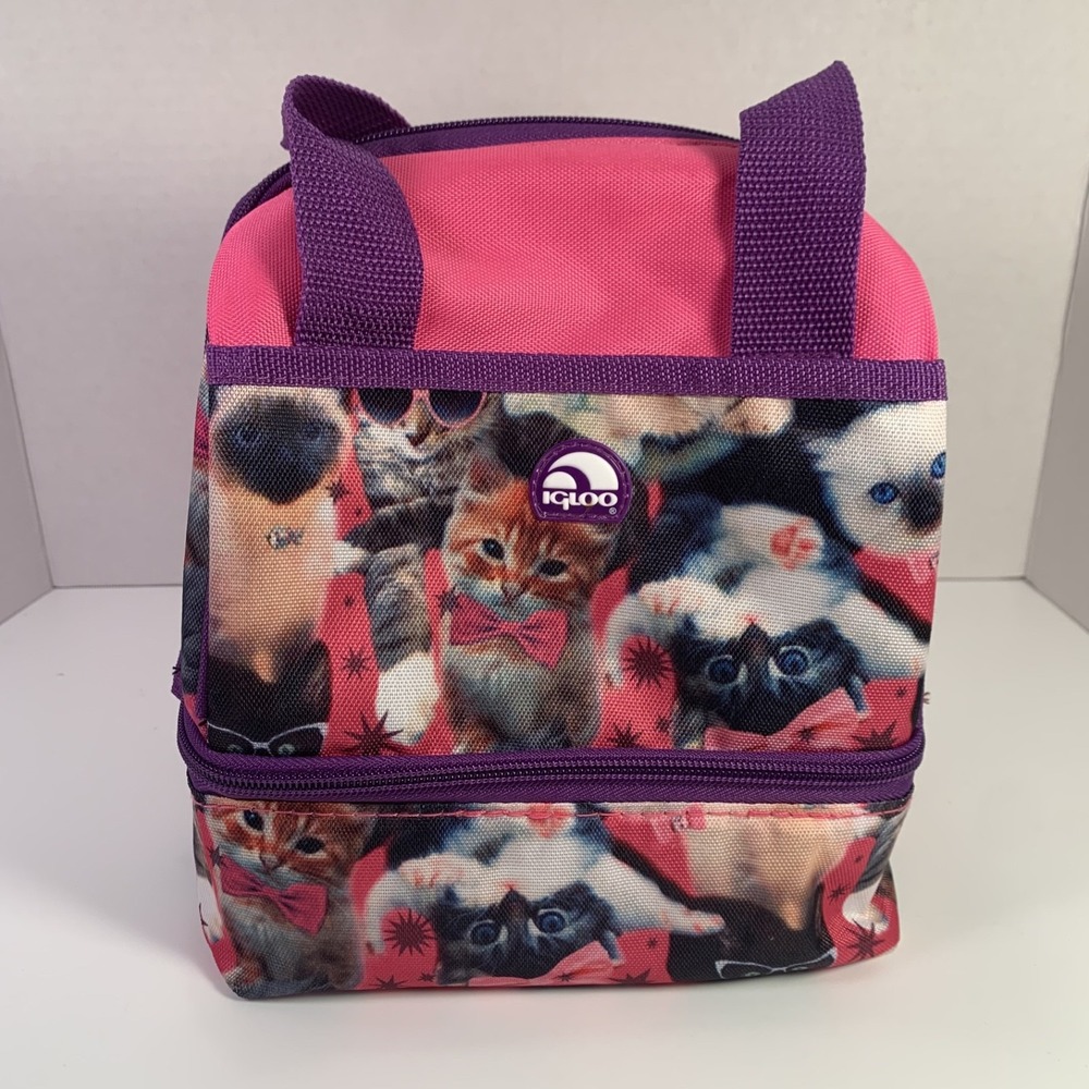 Igloo Dual Compartment Lunch Bag - Pink/Purple - Kitten Theme - Kids - NEW